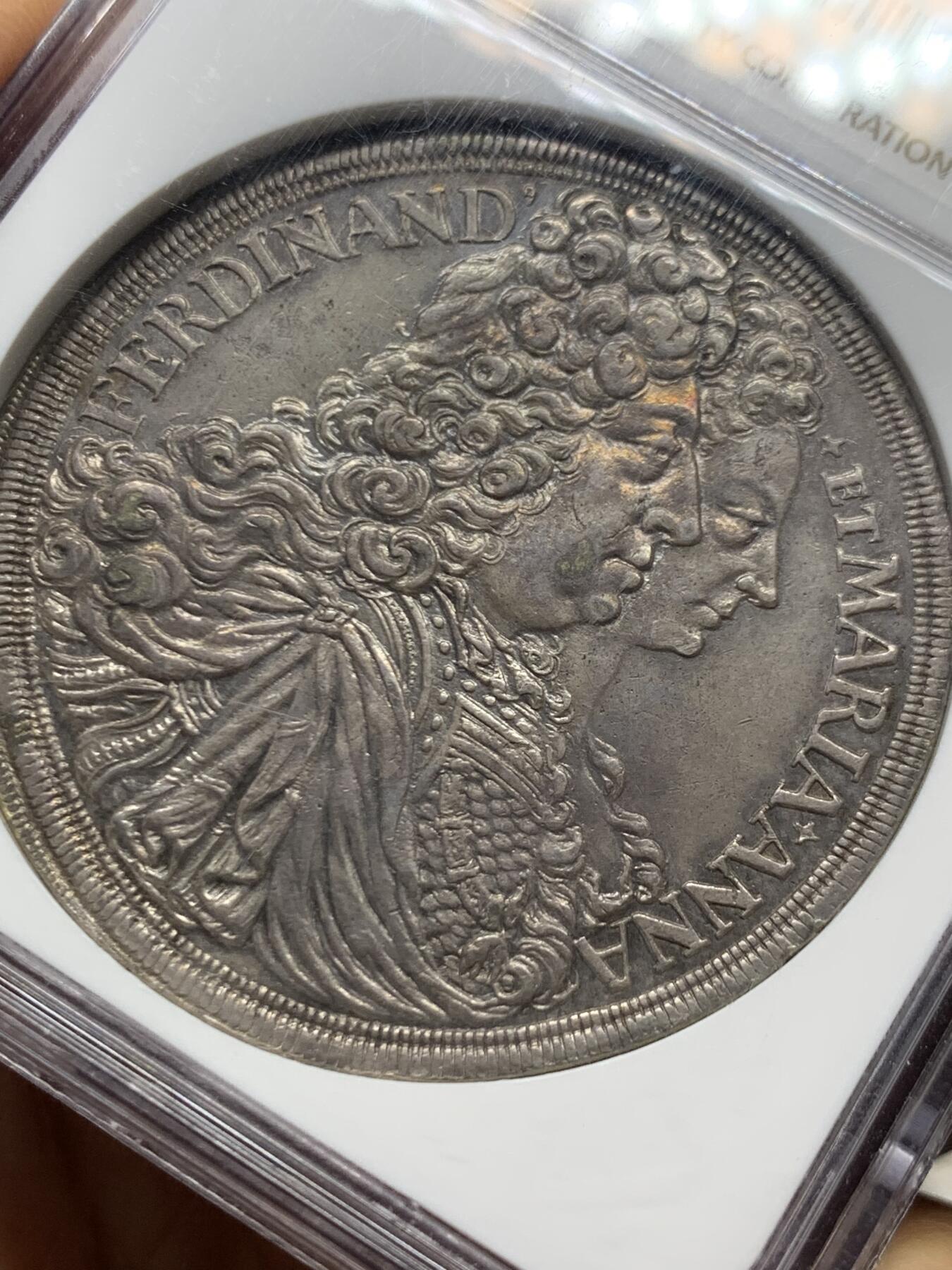 《竞宝斋》第453场 周日，周一 2场连拍 （全场包邮，欢迎送拍） NGC AU53 德国1696施瓦岑贝格  泰勒大银币，费迪南和玛利亚安娜结婚纪念 早期超大规格泰勒 只能美国评级了 非常难得