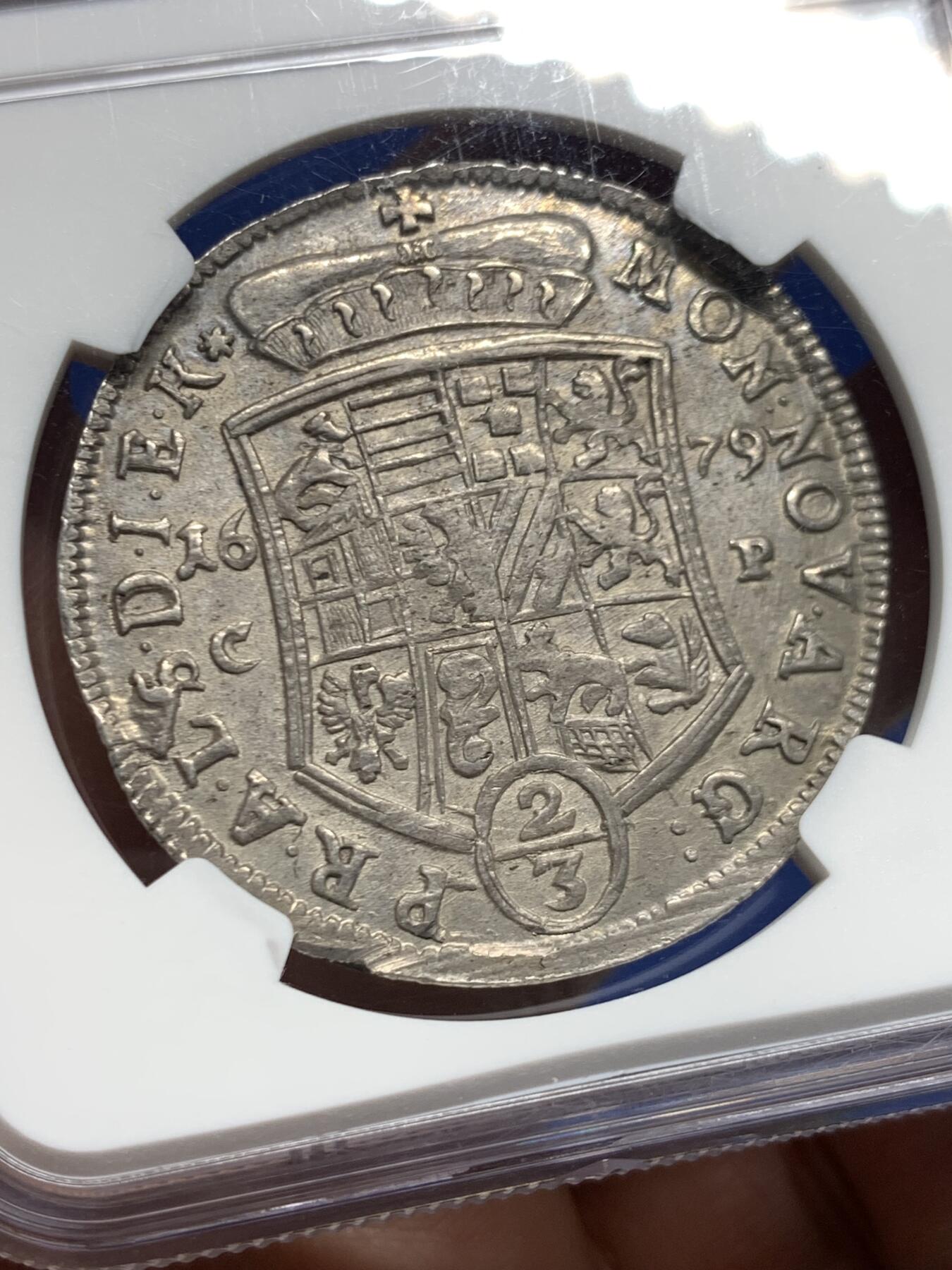 《竞宝斋》第453场 周日，周一 2场连拍 （全场包邮，欢迎送拍） NGC MS62 神圣罗马帝国1679年2/3泰勒大银币 半机制币难得的MS! 安哈尔特-采尔布斯特亲王国(俄女皇叶卡捷琳娜二世的母国) 滚压工艺细节清晰非常不容易  2/3T是流通主力大面值 更大的泰勒是极个别年份才发行的高贵面值