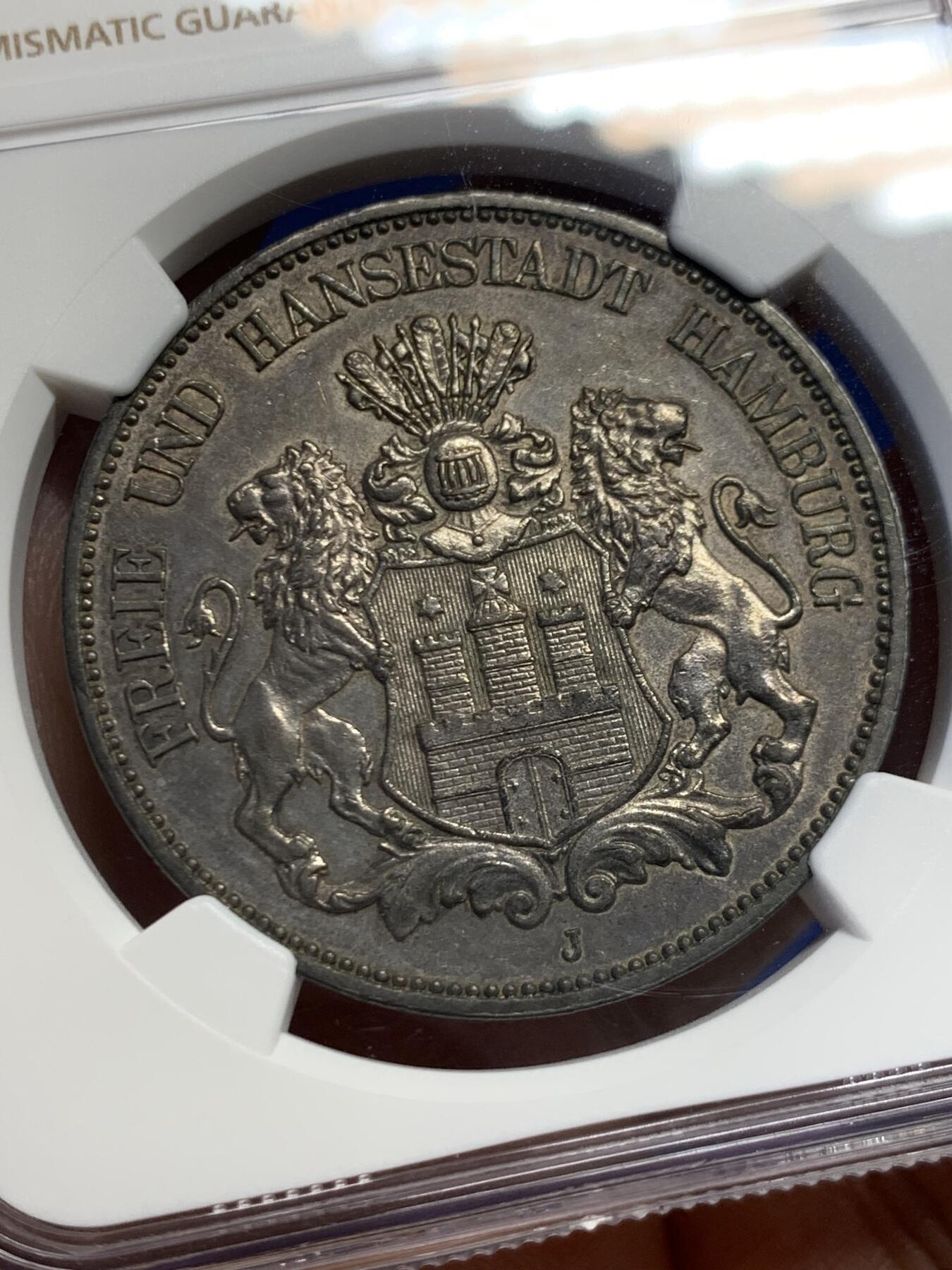 《竞宝斋》第453场 周日，周一 2场连拍 （全场包邮，欢迎送拍） NGC UNC 德国汉堡1913年5马克银币 全深打，底板细腻，细节完整，包浆醇厚，性价比之选