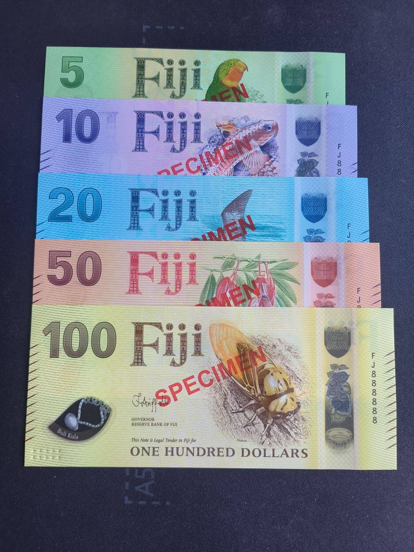 世界靓号纸钞第七十九期 2025年斐济5-10-20-50-100元 样票 超级靓号FJ888888 全新UNC 其中10还是多印 错版 可遇不可求