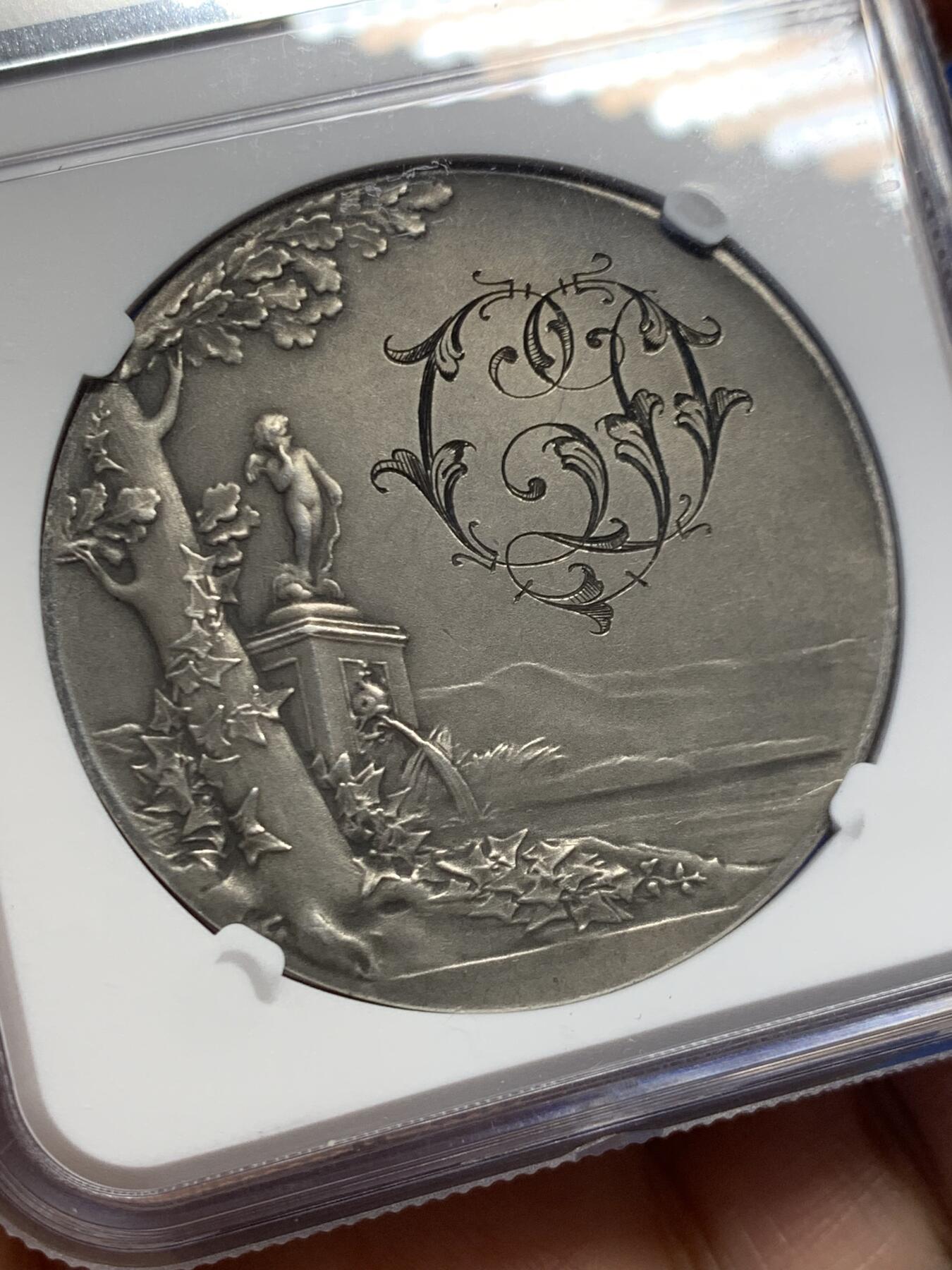 《竞宝斋》第453场 周日，周一 2场连拍 （全场包邮，欢迎送拍） NGC MS62 法国1898年O.Roty作品“SEMPER”永恒的爱 婚礼纪念银章，直径：41 mm，少见双面刻花，状态一流，极致收藏，名家经典，品相不错