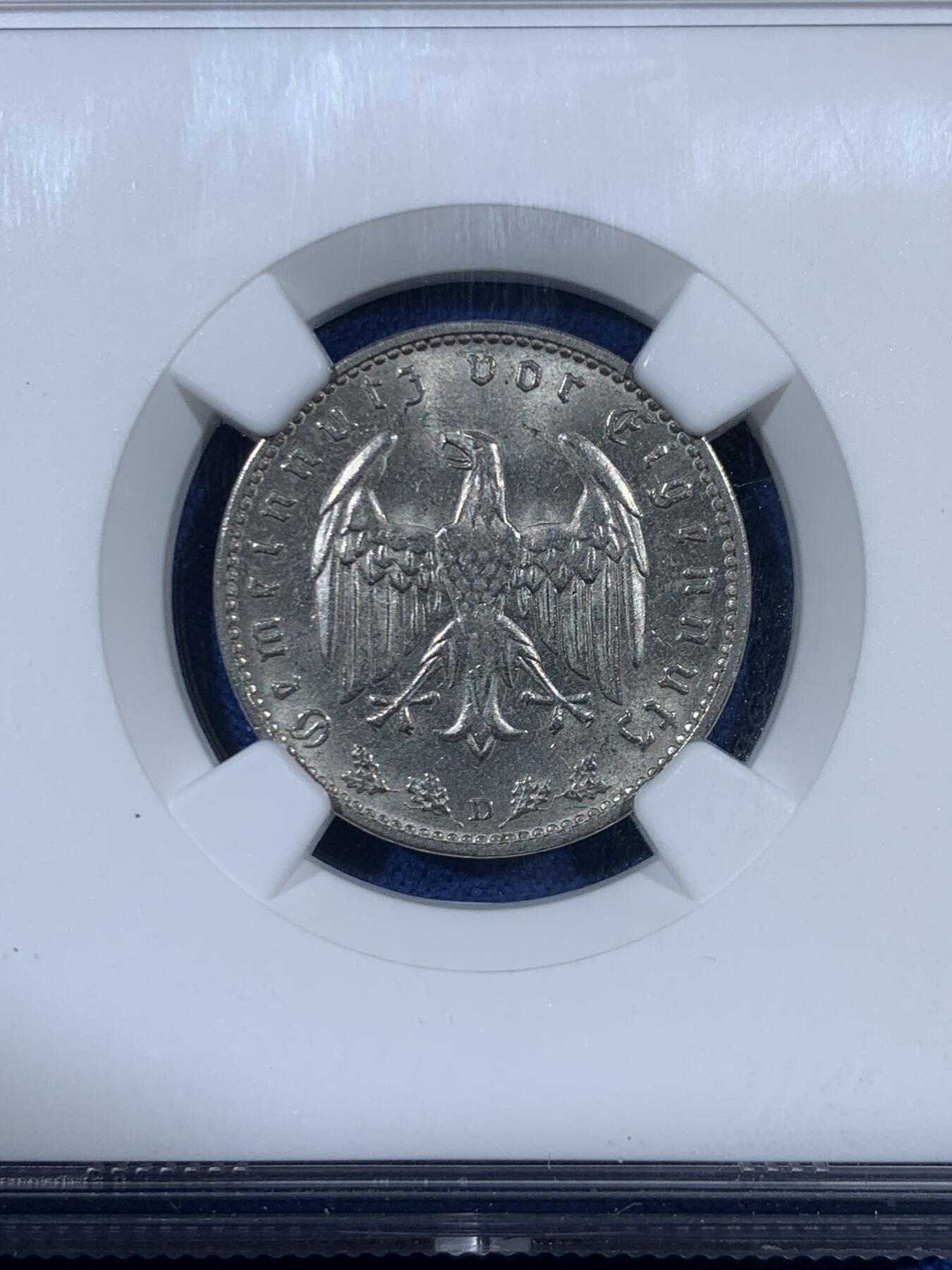 《竞宝斋》第453场 周日，周一 2场连拍 （全场包邮，欢迎送拍） NGC MS63 德国1937年D版1马克镍币，转光好品。