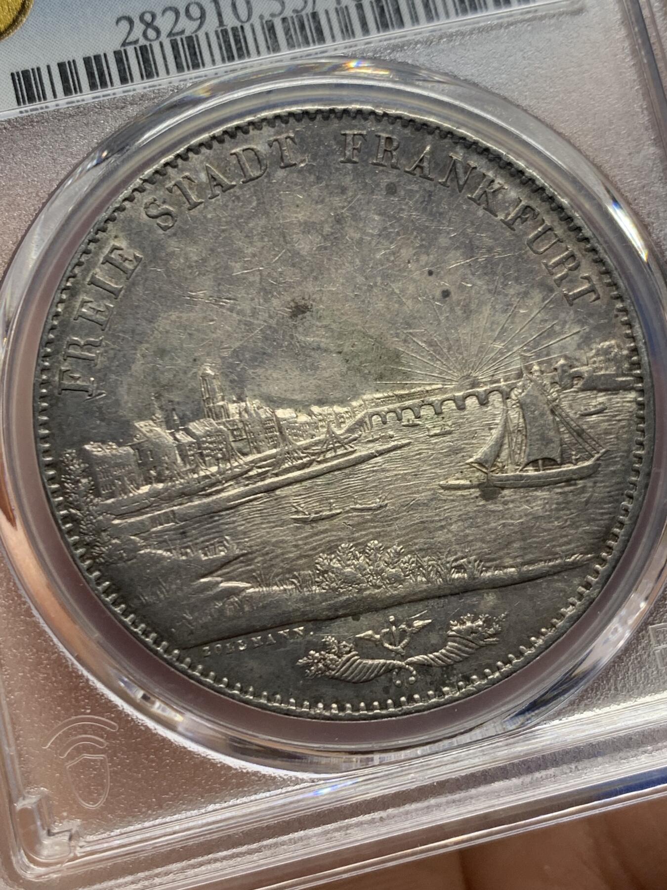 《竞宝斋》第453场 周日，周一 2场连拍 （全场包邮，欢迎送拍） PCGS AU55 德国1843年法兰克福景观2泰勒大银币