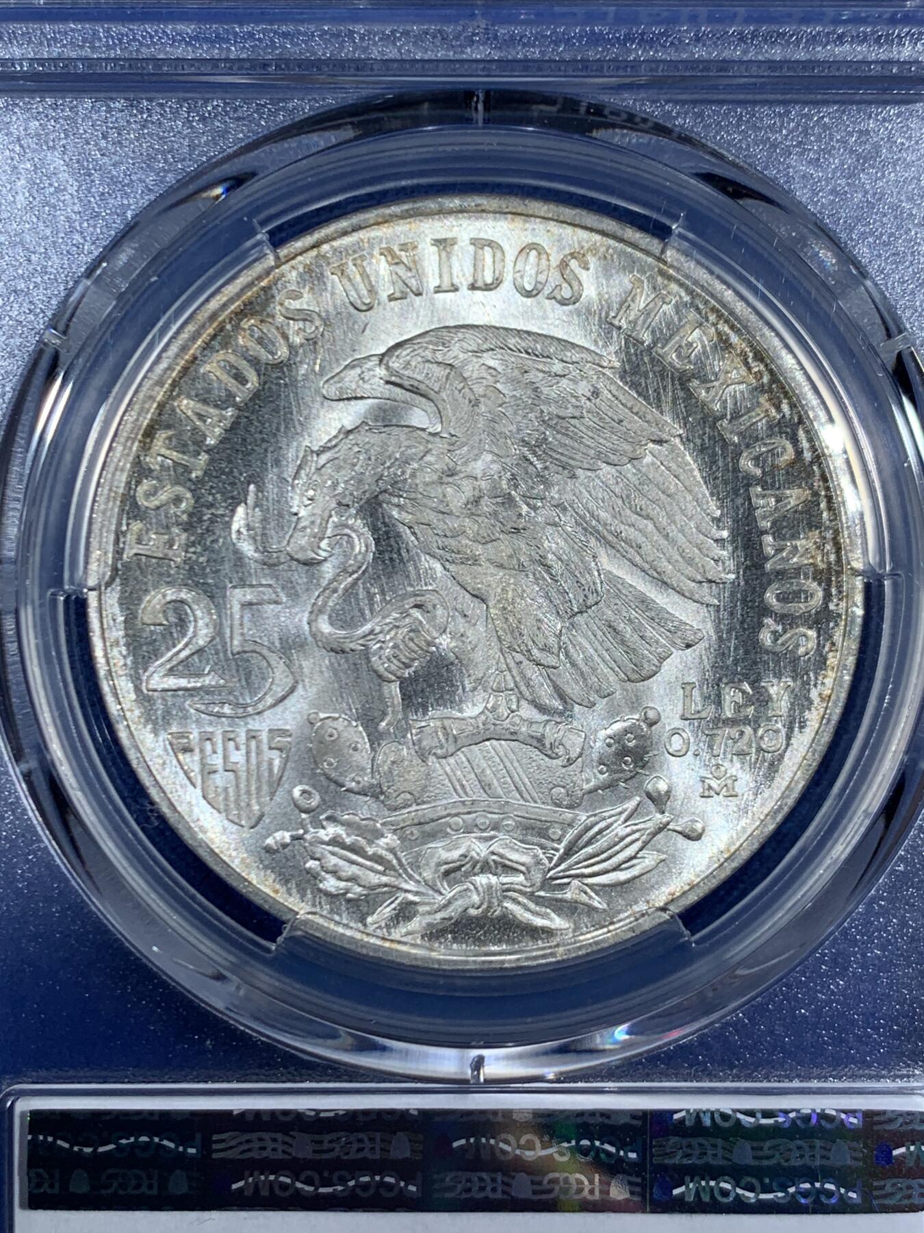 《竞宝斋》第453场 周日，周一 2场连拍 （全场包邮，欢迎送拍） PCGS MS66 墨西哥1968年25比索奥运纪念,经典品种,卷拆品高分，两面爆光，银光赏心悦目,适合收藏。