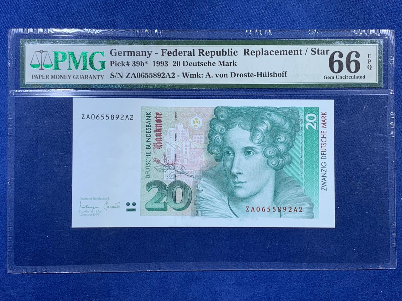 《竞宝斋》第453场 周日，周一 2场连拍 （全场包邮，欢迎送拍） PMG 66EPQ 德国 1993年20马克 补号