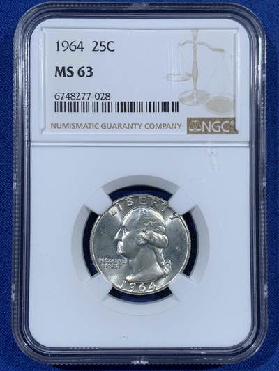 《竞宝斋》第453场 周日，周一 2场连拍 （全场包邮，欢迎送拍） - NGC MS63 美国1964年华盛顿25美分银币。状态十分精美