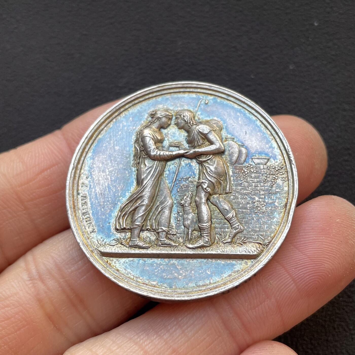 「木头集藏」章牌专场-第65场 1848年法国婚礼纪念银章，直径：36.4 mm，22 g，边铭：手指 ARGENT，正面刻画圣经故事人物：雅各与拉结