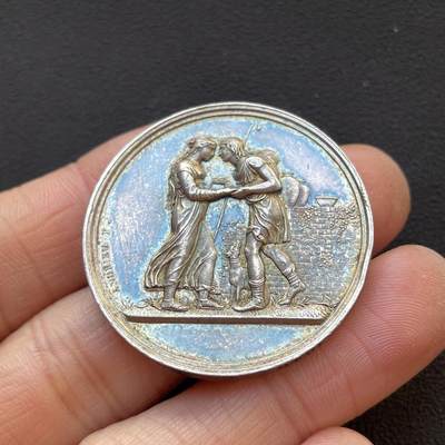 「木头集藏」章牌专场-第65场 - 1848年法国婚礼纪念银章，直径：36.4 mm，22 g，边铭：手指 ARGENT，正面刻画圣经故事人物：雅各与拉结