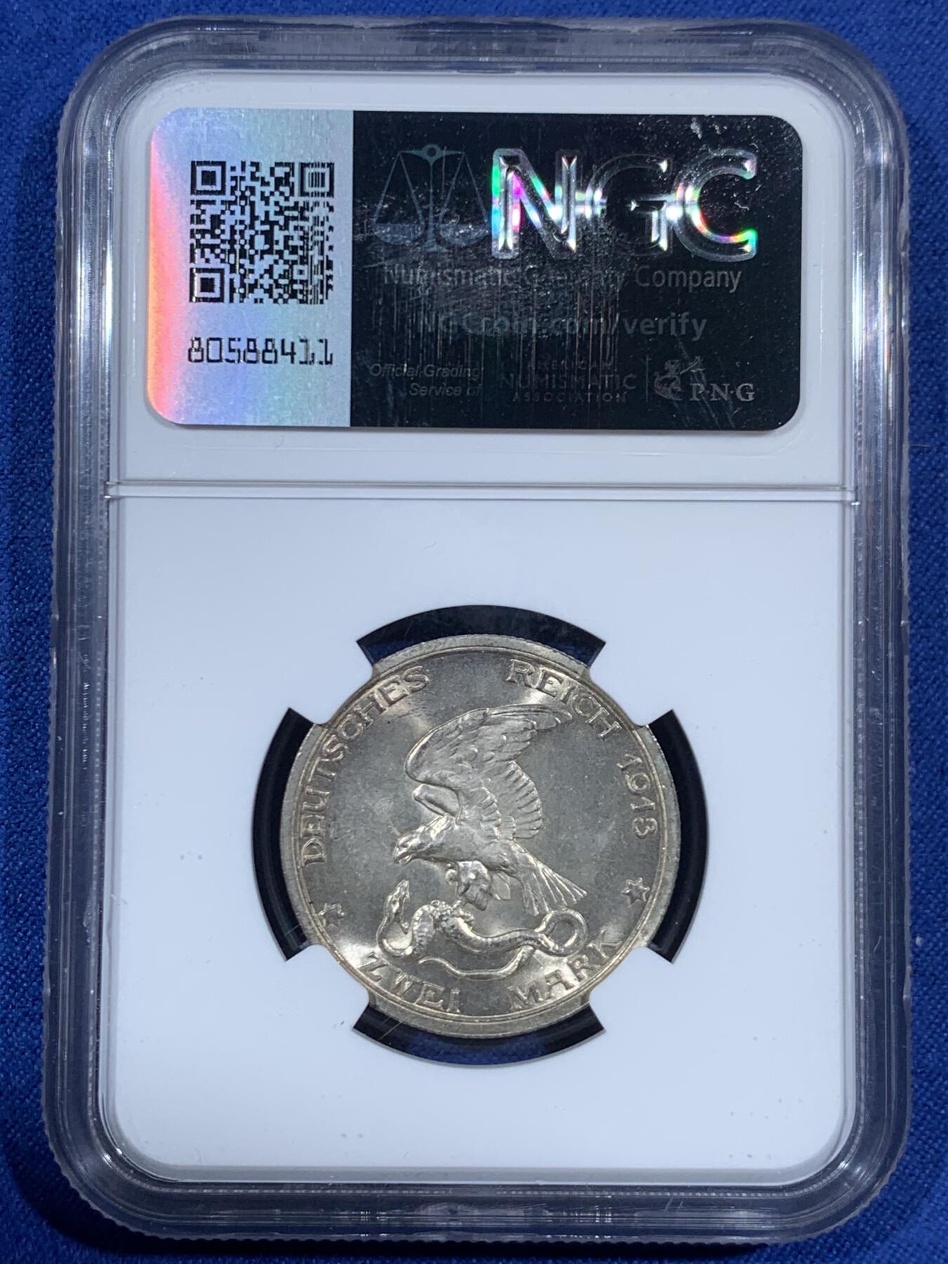 《竞宝斋》第453场 周日，周一 2场连拍 （全场包邮，欢迎送拍） NGC MS64 德国普鲁士1913年2马克 战胜拿破仑纪念银币 底板凝霜，有所低评，观感超越分数