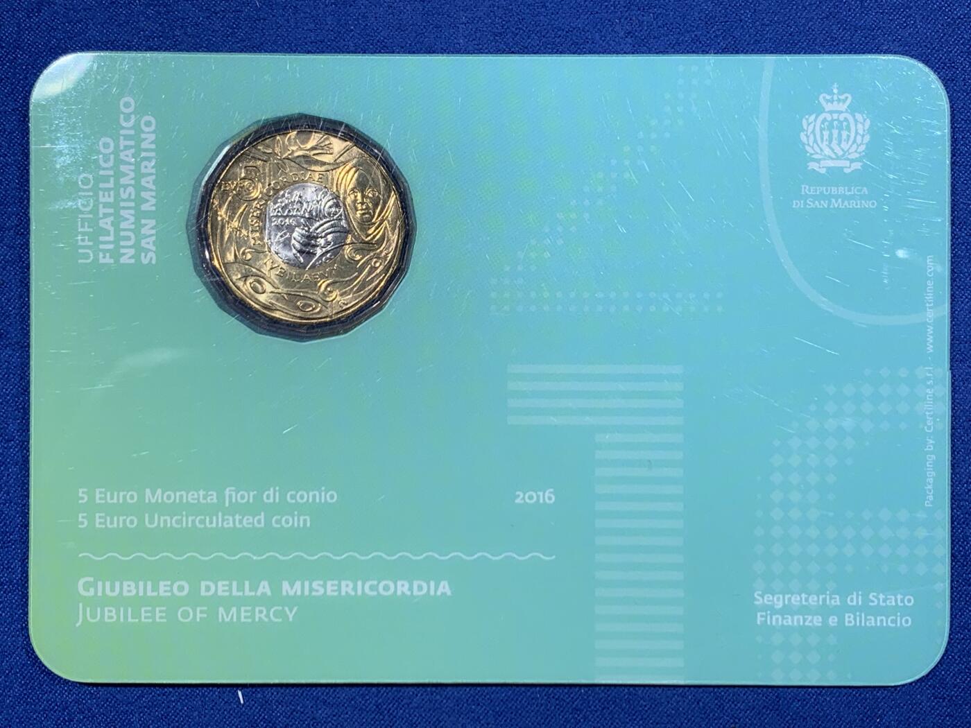 《竞宝斋》第453场 周日，周一 2场连拍 （全场包邮，欢迎送拍） 圣马力诺 2016年 5欧元 慈悲禧年小卡册双色纪念币