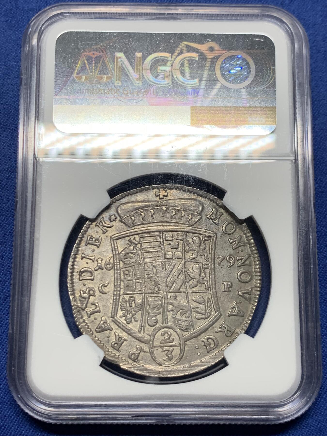 《竞宝斋》第453场 周日，周一 2场连拍 （全场包邮，欢迎送拍） NGC MS62 神圣罗马帝国1679年2/3泰勒大银币 半机制币难得的MS! 安哈尔特-采尔布斯特亲王国(俄女皇叶卡捷琳娜二世的母国) 滚压工艺细节清晰非常不容易  2/3T是流通主力大面值 更大的泰勒是极个别年份才发行的高贵面值