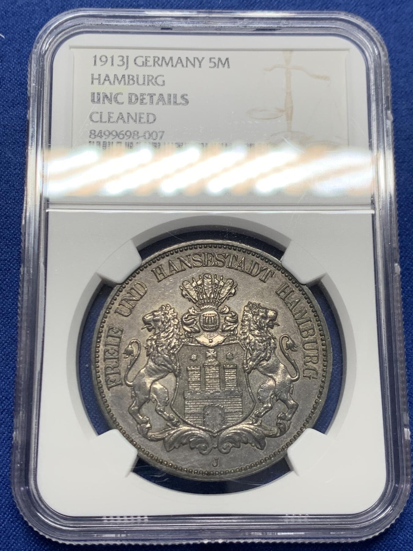 《竞宝斋》第453场 周日，周一 2场连拍 （全场包邮，欢迎送拍） NGC UNC 德国汉堡1913年5马克银币 全深打，底板细腻，细节完整，包浆醇厚，性价比之选