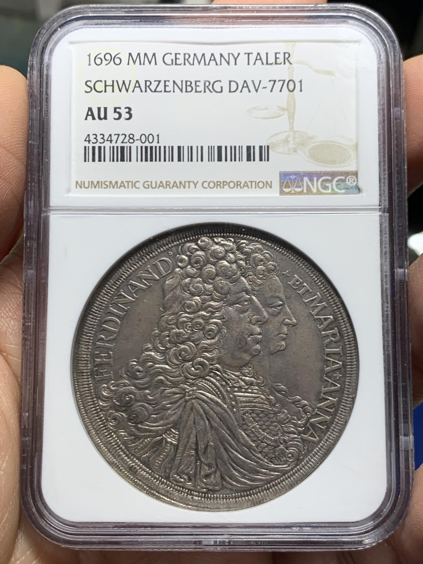 《竞宝斋》第453场 周日，周一 2场连拍 （全场包邮，欢迎送拍） NGC AU53 德国1696施瓦岑贝格  泰勒大银币，费迪南和玛利亚安娜结婚纪念 早期超大规格泰勒 只能美国评级了 非常难得