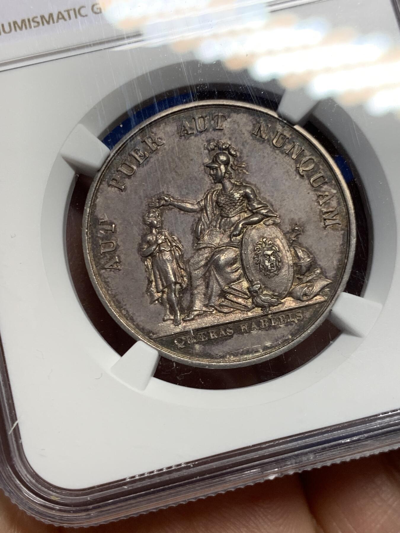 《竞宝斋》第453场 周日，周一 2场连拍 （全场包邮，欢迎送拍） NGC UNC 瑞士 早期 学院银质奖章 人物细腻 双面包浆也非常漂亮