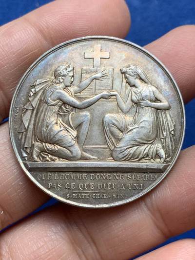 《竞宝斋》第453场 周日，周一 2场连拍 （全场包邮，欢迎送拍） - 法国婚姻与爱情纪念银章 背面花体字漂亮 1903 丰饶角银标 25.5克 39mm