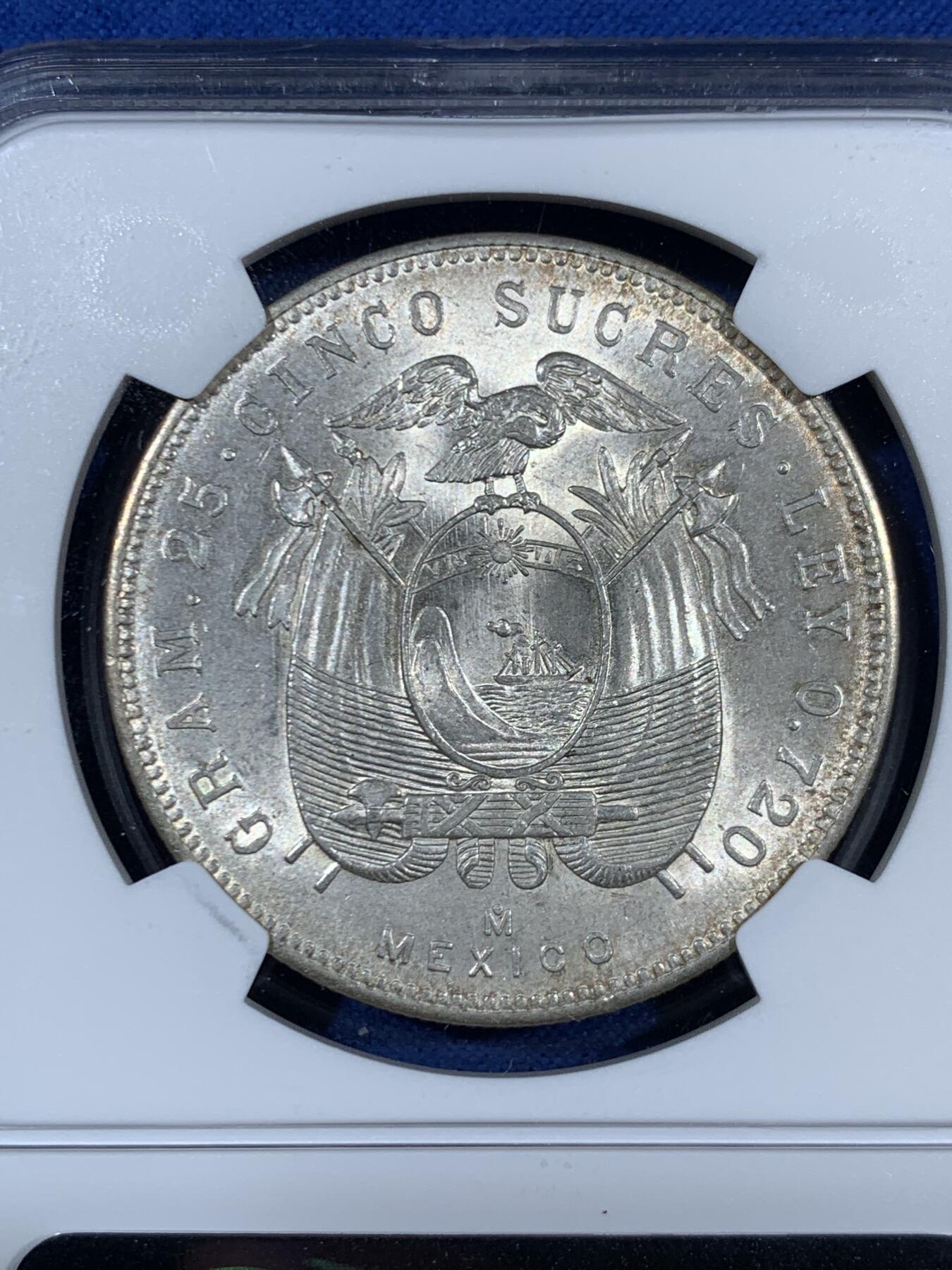 《竞宝斋》第453场 周日，周一 2场连拍 （全场包邮，欢迎送拍） NGC MS63 厄瓜多尔1943年5苏克雷大银币，带光好品。