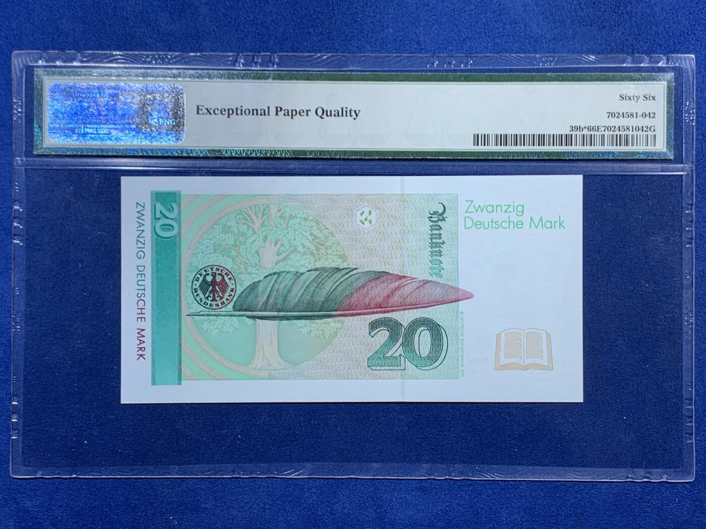 《竞宝斋》第453场 周日，周一 2场连拍 （全场包邮，欢迎送拍） PMG 66EPQ 德国 1993年20马克 补号