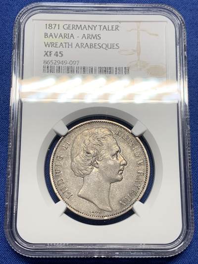 《竞宝斋》第453场 周日，周一 2场连拍 （全场包邮，欢迎送拍） - NGC XF45 德国1871巴伐利亚双狮流通泰勒 胜利年份，区别于常见G.Voigt版，采用了J.Ries版的胜利泰勒头像，路二泰勒中相当稀少的版本，更高分仅6枚。原味欧洲纸袋包浆，细节见图