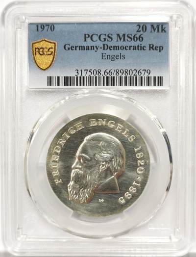 博洋堂“岁启嘉年”2026新年精品大拍专场暨第155期（全场包邮） - PCGS MS66 东德1970年纪念哲学家恩格斯诞辰150周年20马克银币，原汁原味，币面清爽干净又舒适，状态极佳，更高评级数量5枚。东德纪念银币发行量少。