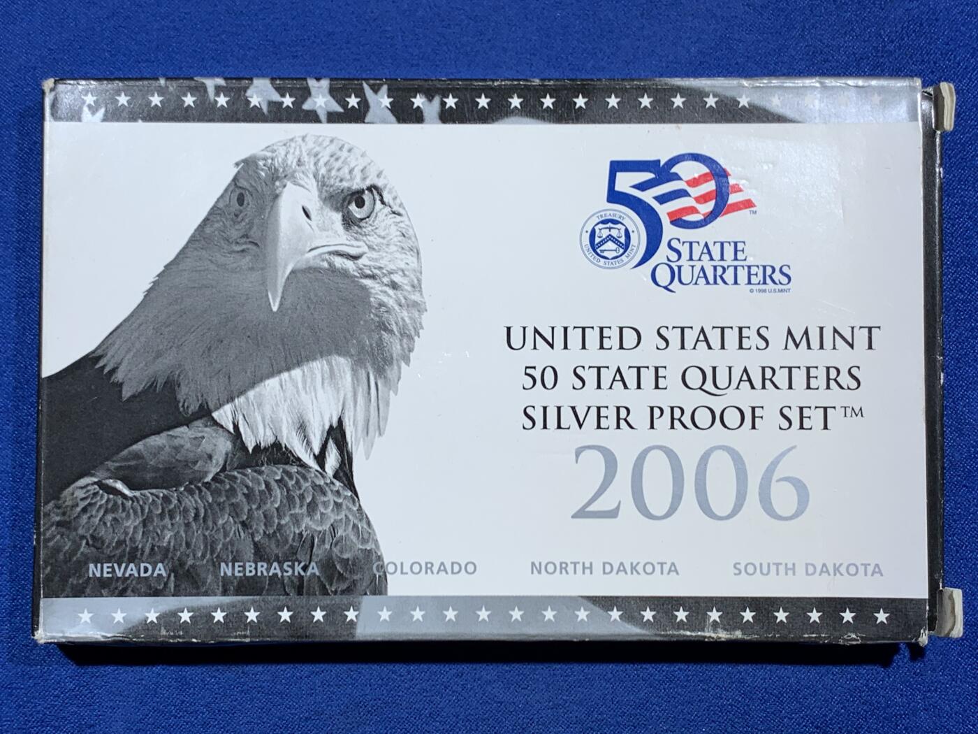 《竞宝斋》第453场 周日，周一 2场连拍 （全场包邮，欢迎送拍） 美国2006年50州系列25美分5枚精制银币套 带盒证 6.25克X5枚 900银