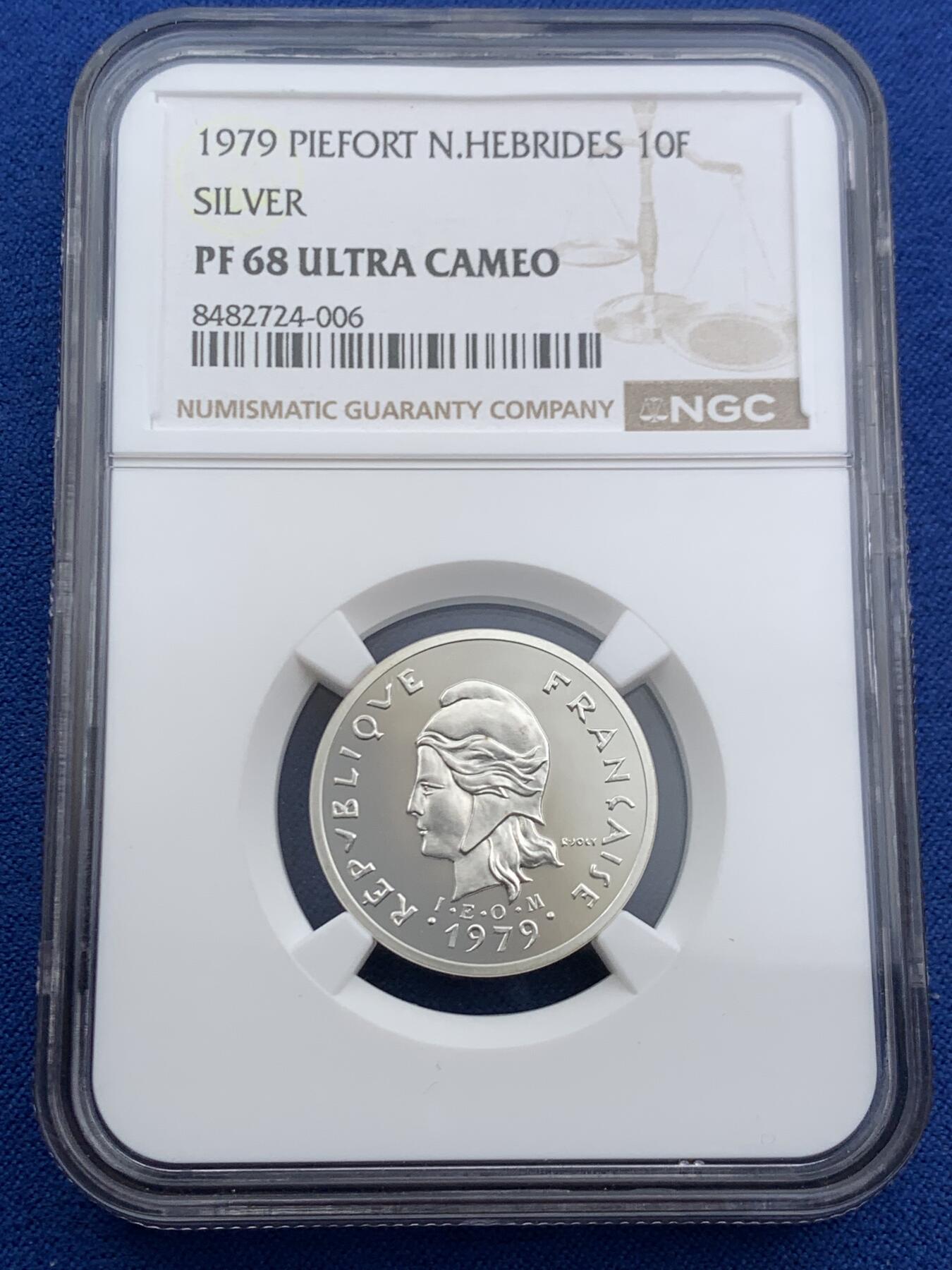 《竞宝斋》第453场 周日，周一 2场连拍 （全场包邮，欢迎送拍） 七枚一组 NGC PF67UC-PF69UC 法属赫布里底群岛1974年/1979年加厚精制校样银币 100法郎为加厚盒 太平洋岛国 艺术设计独特 只有几百枚的发行量 8月份SBP一套分数较差的成交价为人民币11000元