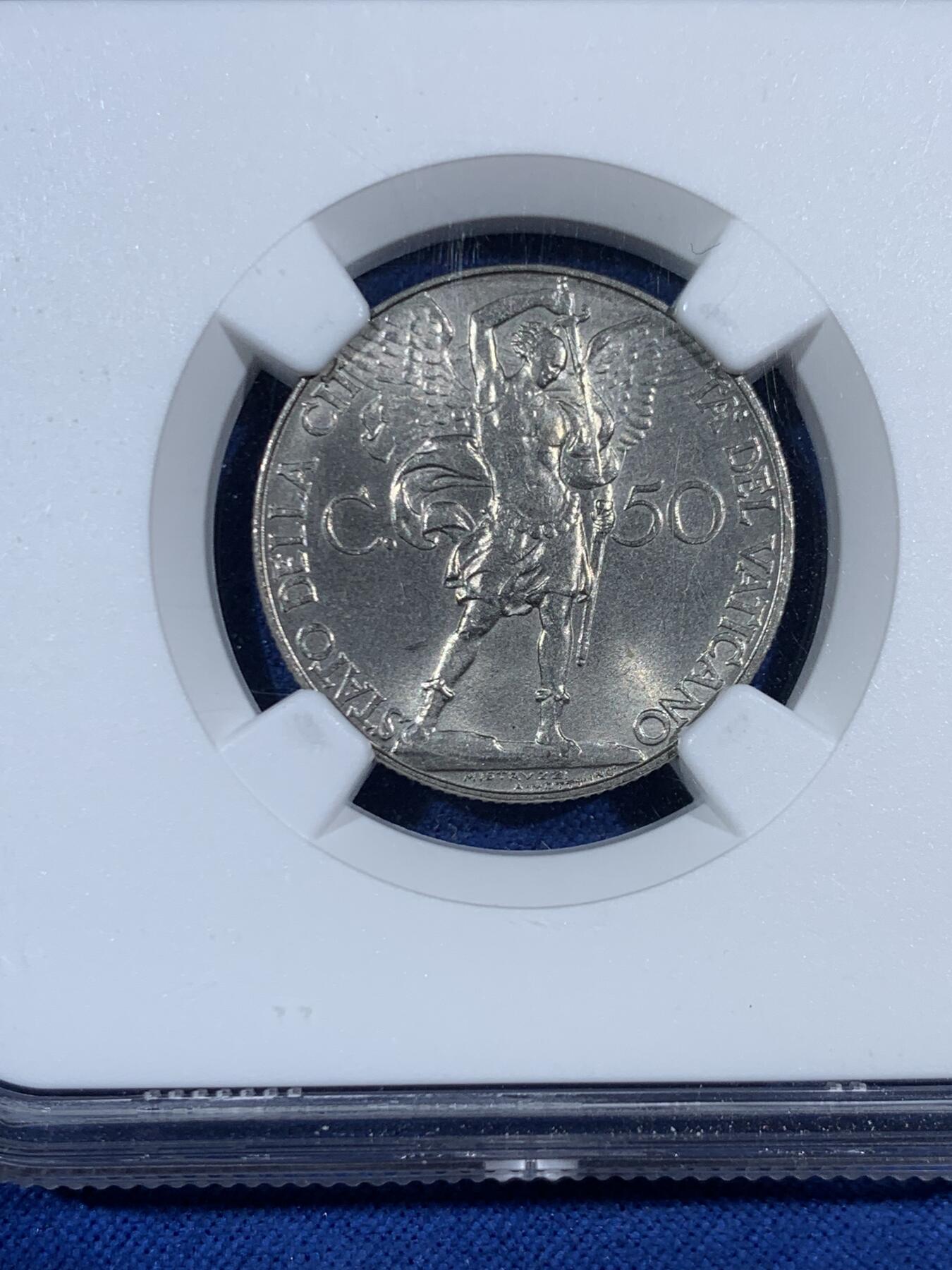 《竞宝斋》第453场 周日，周一 2场连拍 （全场包邮，欢迎送拍） NGC MS65 梵蒂冈1936年大天使50分，季军分。