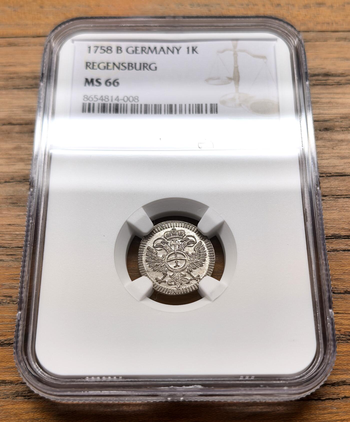 凡希社世界钱币微拍第三百十六期 1758雷根斯堡自由市1K银辅币NGC-MS66，N并列最高分！