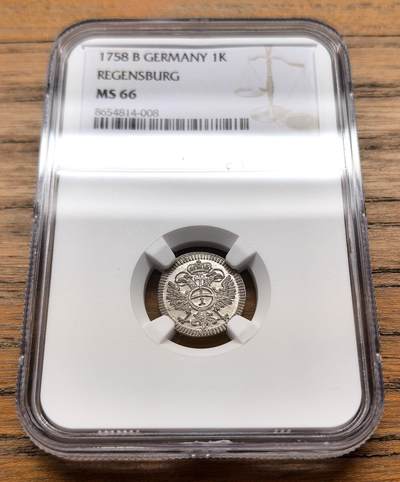凡希社世界钱币微拍第三百十六期 - 1758雷根斯堡自由市1K银辅币NGC-MS66，N并列最高分！
