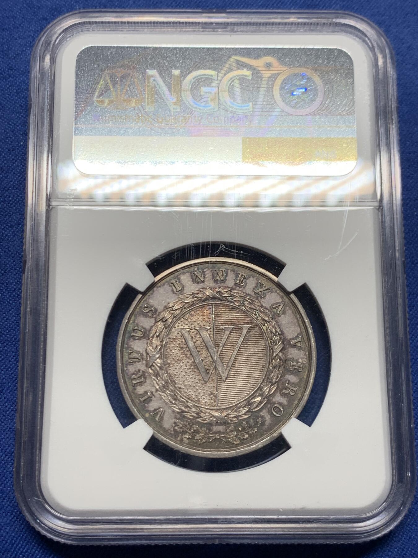 《竞宝斋》第453场 周日，周一 2场连拍 （全场包邮，欢迎送拍） NGC UNC 瑞士 早期 学院银质奖章 人物细腻 双面包浆也非常漂亮