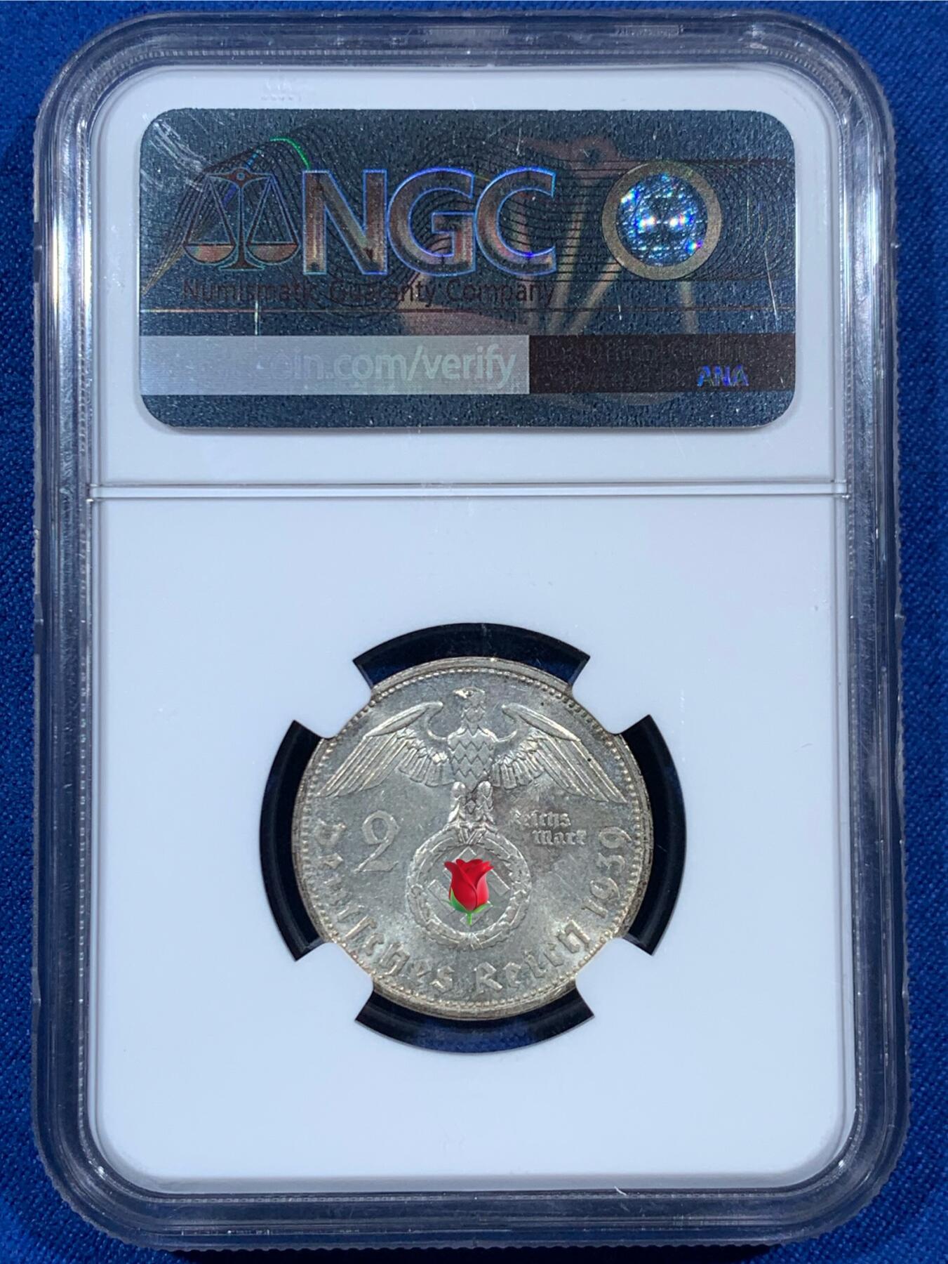 《竞宝斋》第453场 周日，周一 2场连拍 （全场包邮，欢迎送拍） NGC MS63 德国1939A兴登堡带字二马克银币 63分好状态