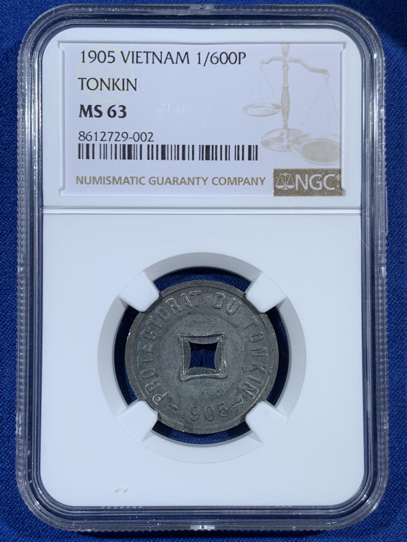 《竞宝斋》第453场 周日，周一 2场连拍 （全场包邮，欢迎送拍） NGC MS63 法属安南1905年六百分之一锌币 世界上面值最小的硬币，该品种常见为氧化品，MS少见