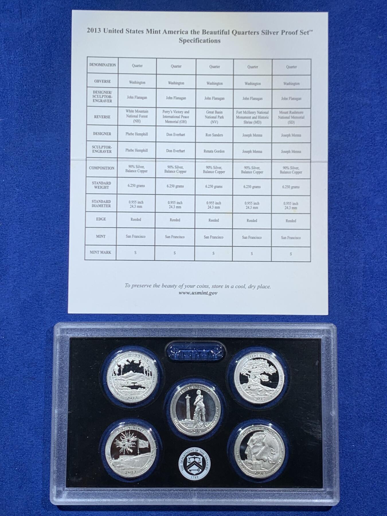 《竞宝斋》第453场 周日，周一 2场连拍 （全场包邮，欢迎送拍） 美国2013年国家公园系列25美分5枚精制银币套 带盒证 6.25克X5枚 900银