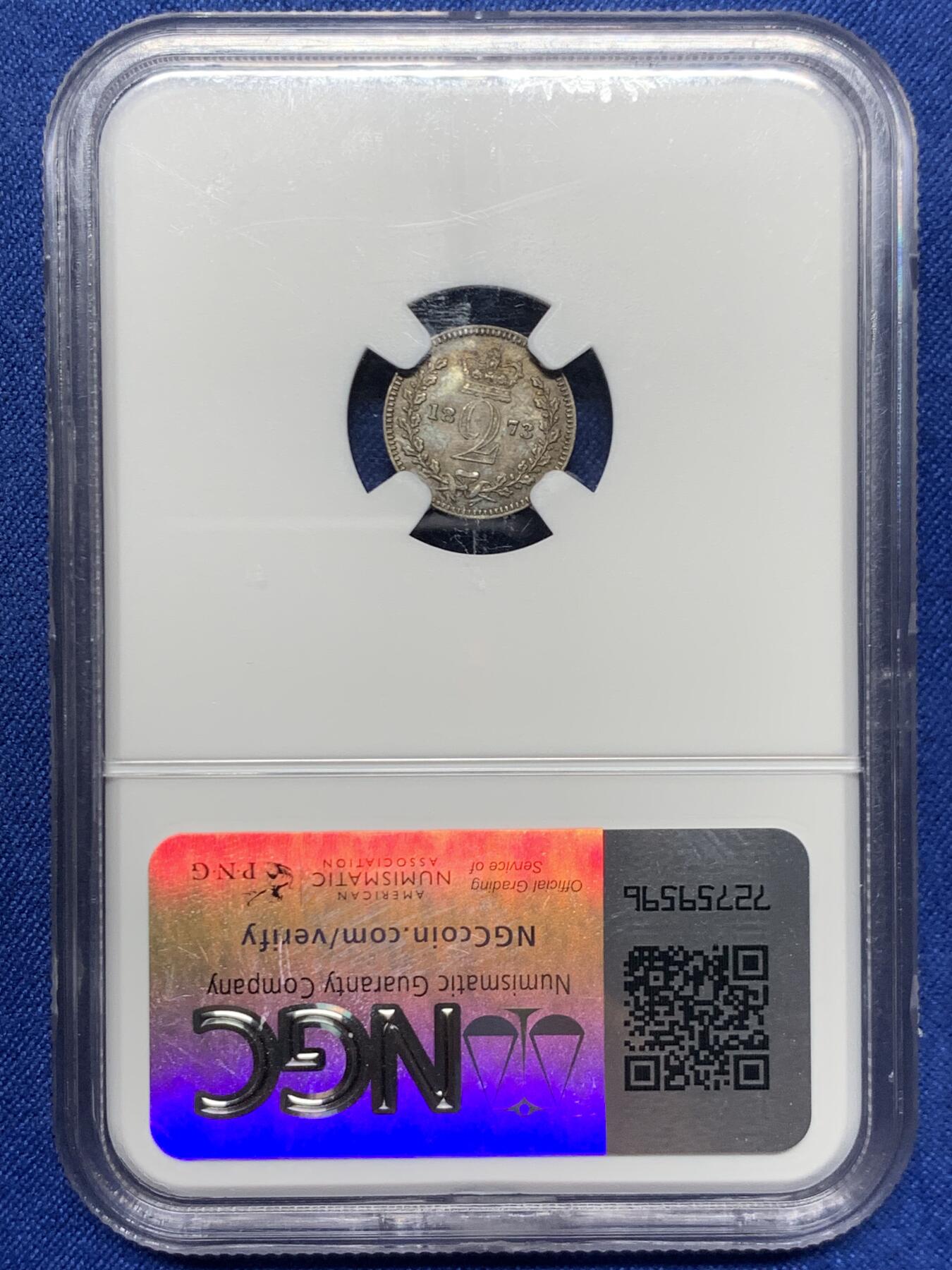 《竞宝斋》第453场 周日，周一 2场连拍 （全场包邮，欢迎送拍） NGC MS62 英国1973年维多利亚女王2便士濯足小银币