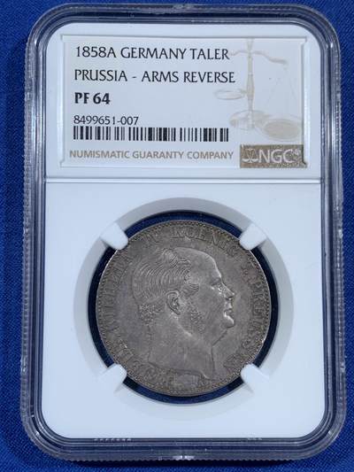 《竞宝斋》第453场 周日，周一 2场连拍 （全场包邮，欢迎送拍） - NGC PF64 德国1858年普鲁土威廉四世离冠鹰精制泰勒银币 威廉四世离冠鹰承继之作 阴阳包浆 人像面欧陆酱五彩 鹰面银霜满挂高浮雕 打制锋利 NGC唯一冠军分 实物上手异常惊艳