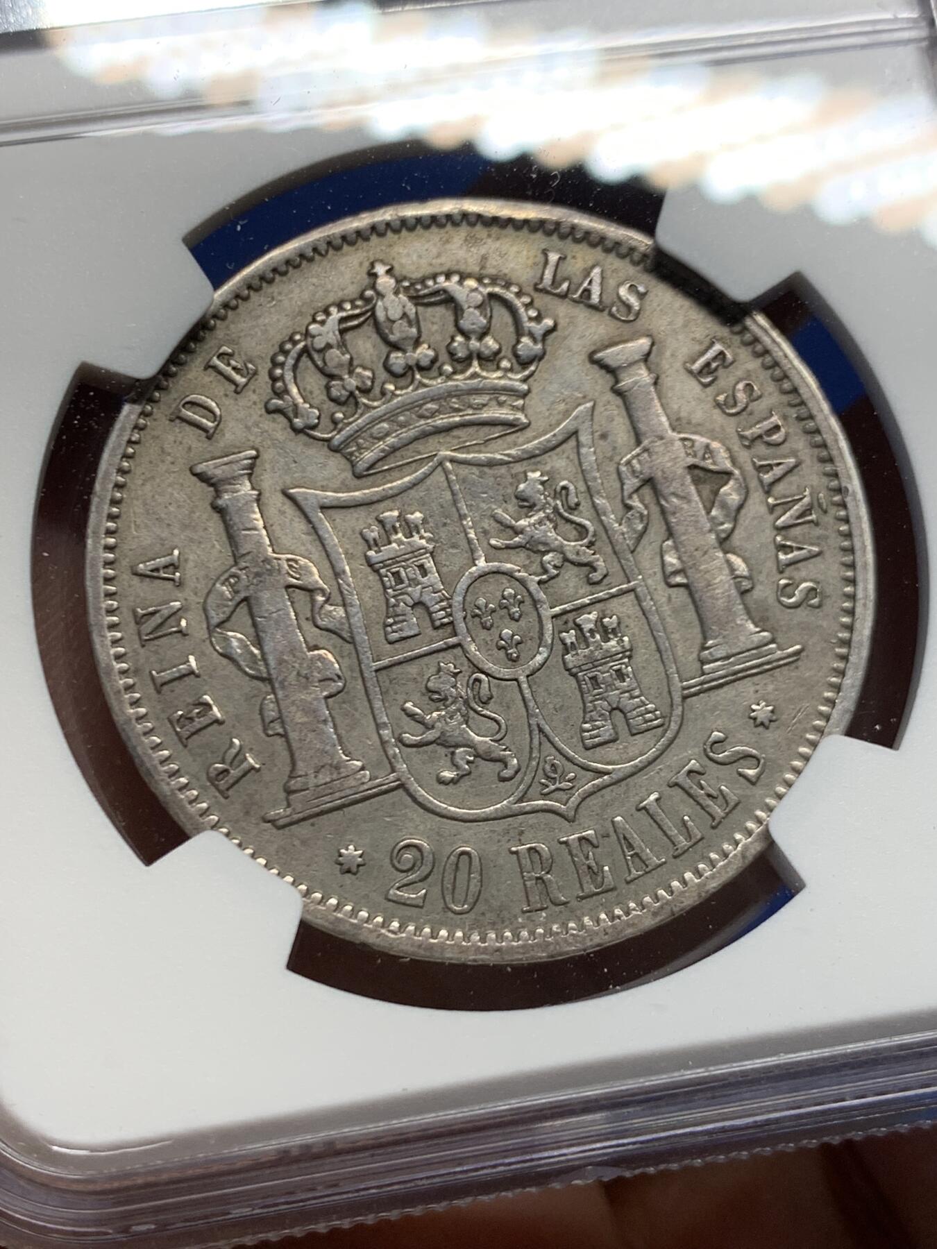 《竞宝斋》第453场 周日，周一 2场连拍 （全场包邮，欢迎送拍） NGC VFD 西班牙 1852年 伊萨贝拉猪头妹 20R 大银币