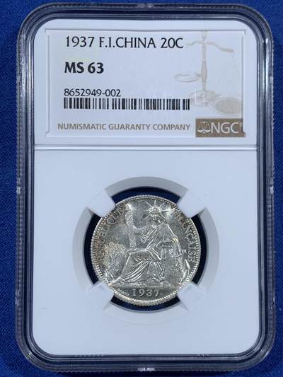 《竞宝斋》第453场 周日，周一 2场连拍 （全场包邮，欢迎送拍） - NGC MS63 法属印支1937年20分银币 光度喜人