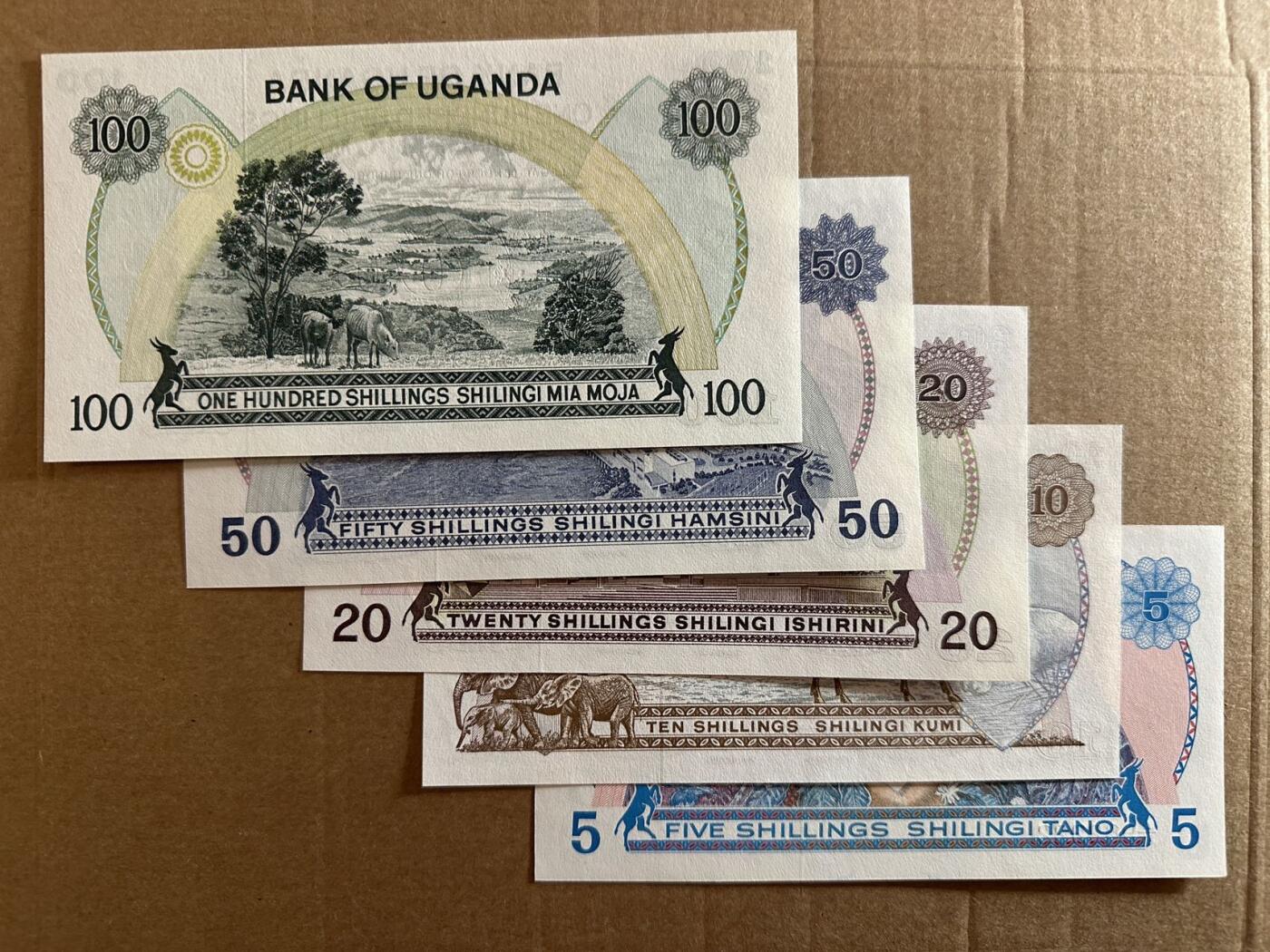 🐍甜小邱世界纸币收藏🐍第138期精品场💐 含4张狮子号+豹子号 全新UNC 乌干达 5-10-20-50-100 先令