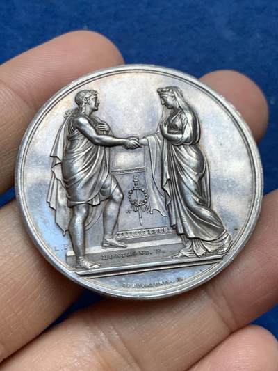 《竞宝斋》第453场 周日，周一 2场连拍 （全场包邮，欢迎送拍） - 法国婚姻与爱情纪念银章 1835 神灯银标 32克 41.2mm 大规格 