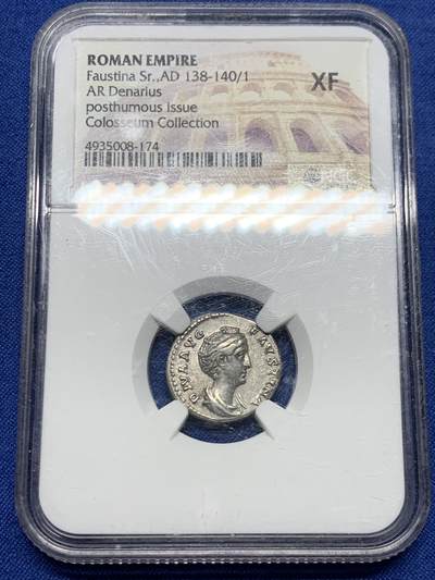 《竞宝斋》第453场 周日，周一 2场连拍 （全场包邮，欢迎送拍） - NGC XF 古罗马帝国 138-140/1年 1狄纳里（AR Denarius）银币 正面为大福斯蒂娜皇后 打制很好 细节全在 少见品种