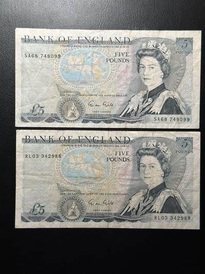 九十九场（喜迎元旦） - 英国5英镑D序列一组两张！流通品，背面是著名的滑铁卢战役！尾88和99都是双尾！