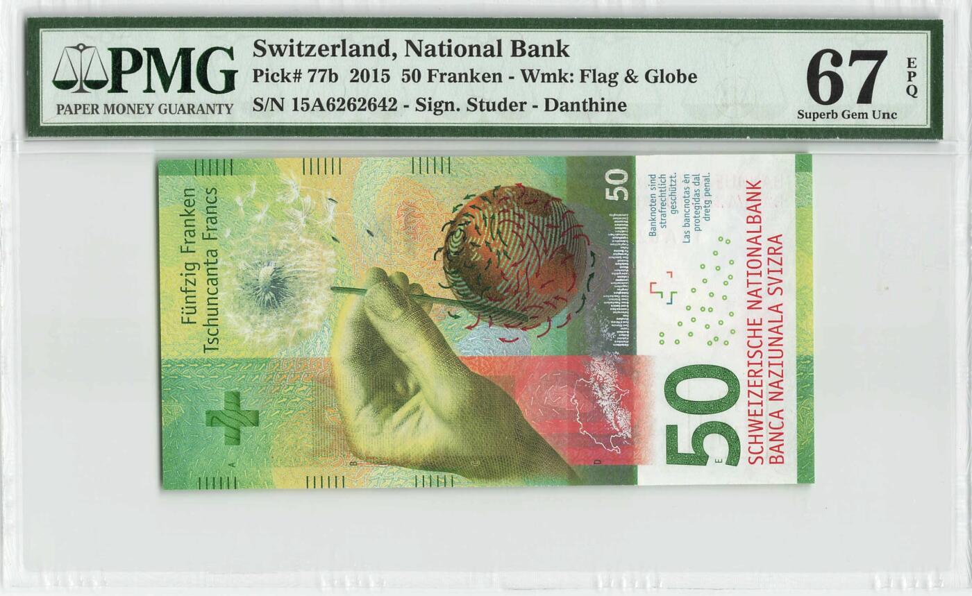 小福收藏拍卖第198期 评级币精选场  本期有菲律宾百位靓号100000比索超大纪念钞 苏里南25000盾花鸟版最高值 柬埔寨珍品56年50瑞尔 南越未发行版最高值打飞机  巴哈马彩背 老挝中国代印57年样钞 匈牙利 斯洛伐克 法罗群岛等多国精美高分珍稀老钞精品纸币 瑞士 2015年 50法郎 手版 首年份 15A冠  数3 靓号6262642 PMG67 EPQ 季军分