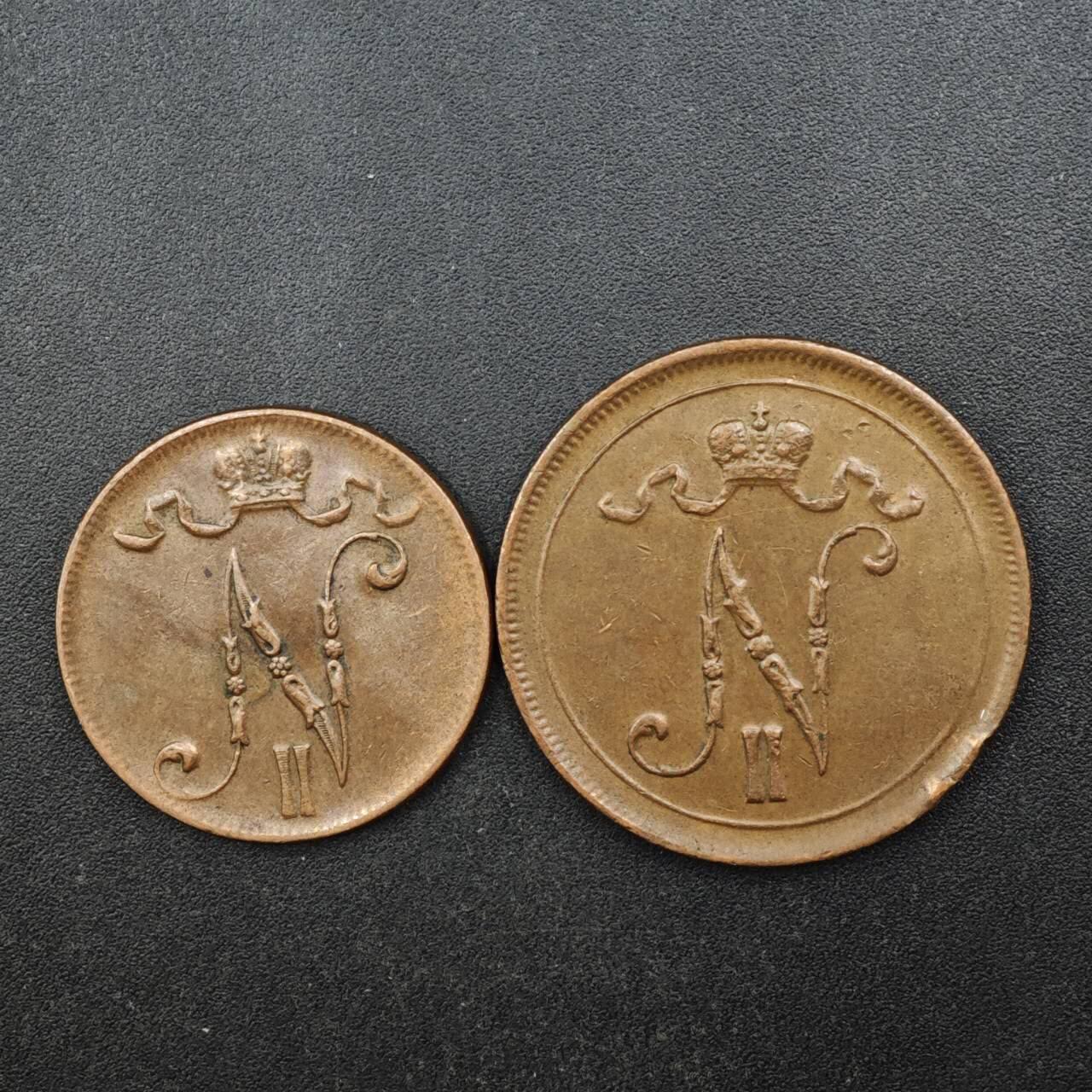 【淘币小摊】实时拍第八百三十七拍   散币银币场   满百包邮可预留二周 每周一统一发货   芬兰1917年5-10芬妮铜币一对