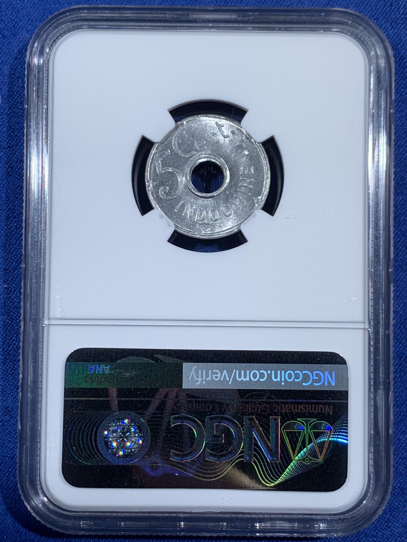 《竞宝斋》第453场 周日，周一 2场连拍 （全场包邮，欢迎送拍） NGC MS65 法属印支1943年5分铝币，坐洋系列后期辅币，凑套佳品。铝币保存不易，季军分。