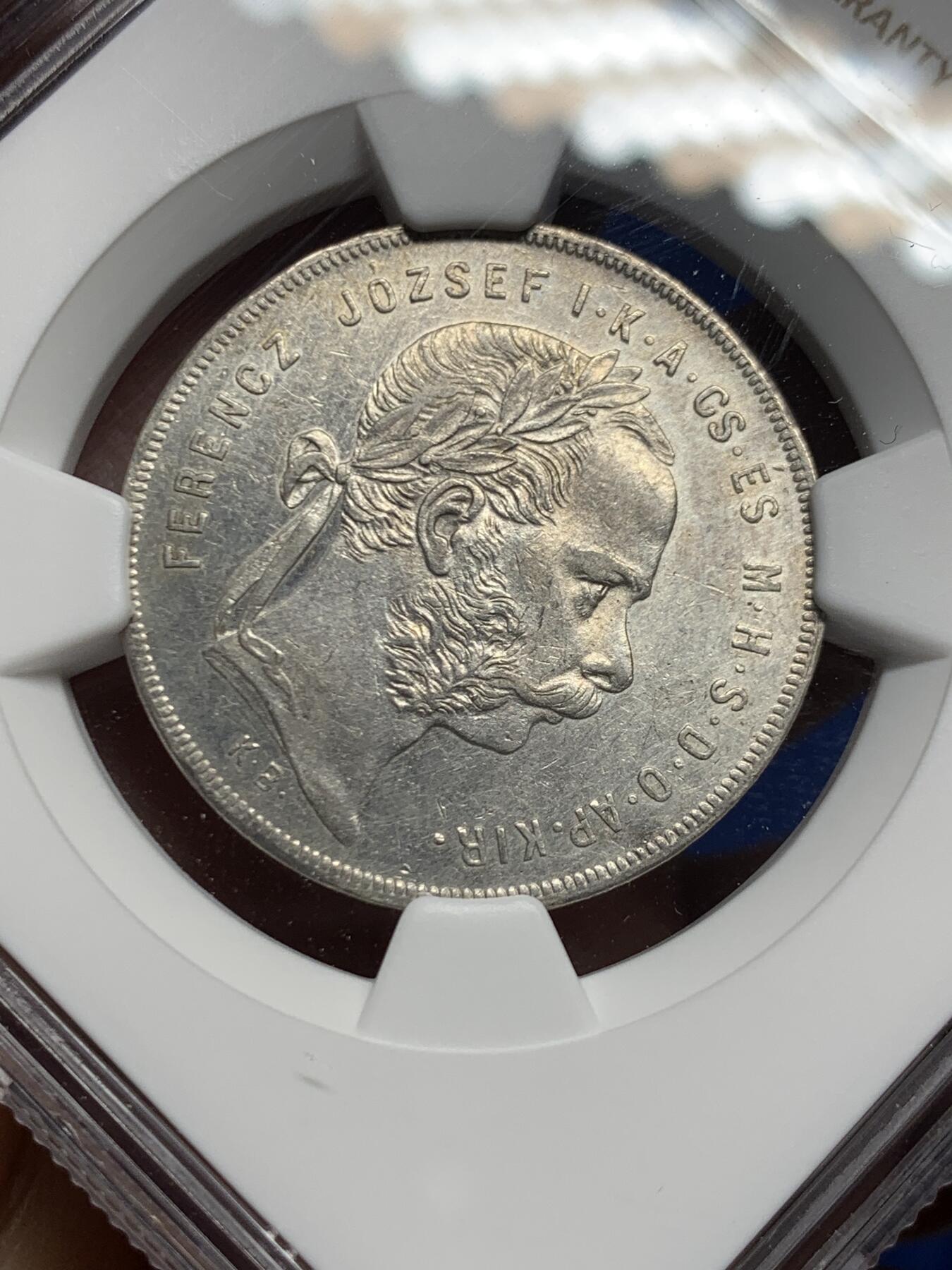 《竞宝斋》第453场 周日，周一 2场连拍 （全场包邮，欢迎送拍） NGC AUD 匈牙利1878年KB版1弗洛林银币 非常见的奥地利版