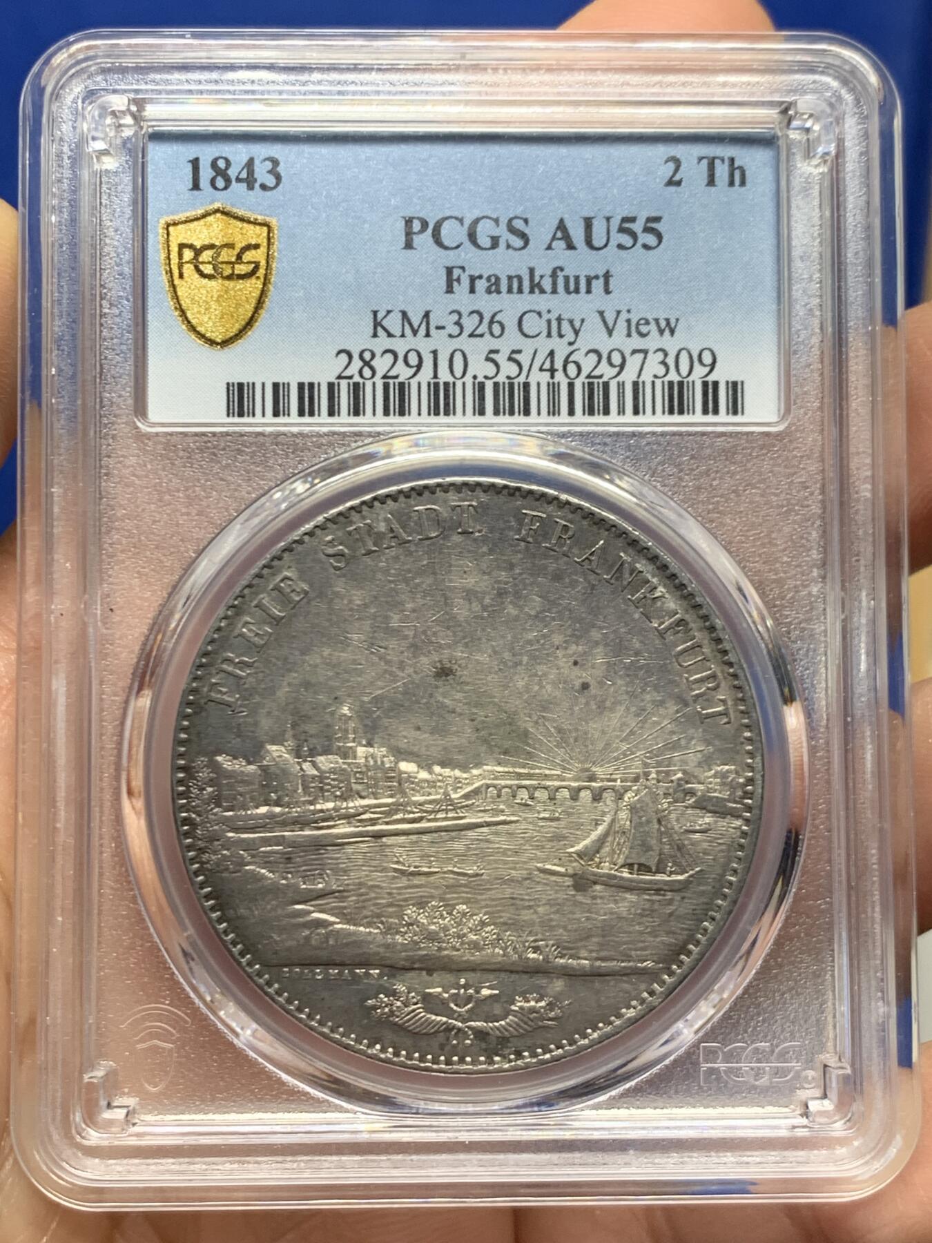 《竞宝斋》第453场 周日，周一 2场连拍 （全场包邮，欢迎送拍） PCGS AU55 德国1843年法兰克福景观2泰勒大银币