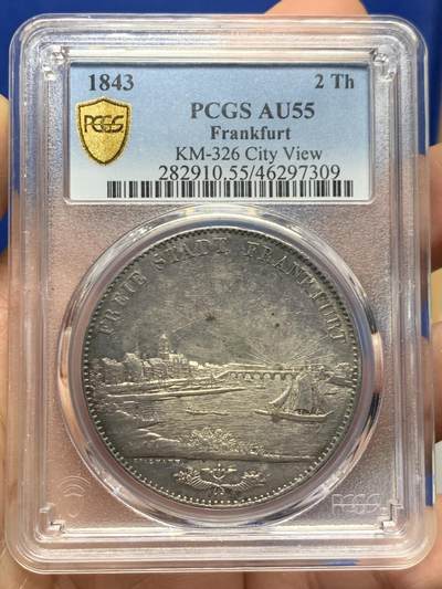 《竞宝斋》第453场 周日，周一 2场连拍 （全场包邮，欢迎送拍） - PCGS AU55 德国1843年法兰克福景观2泰勒大银币