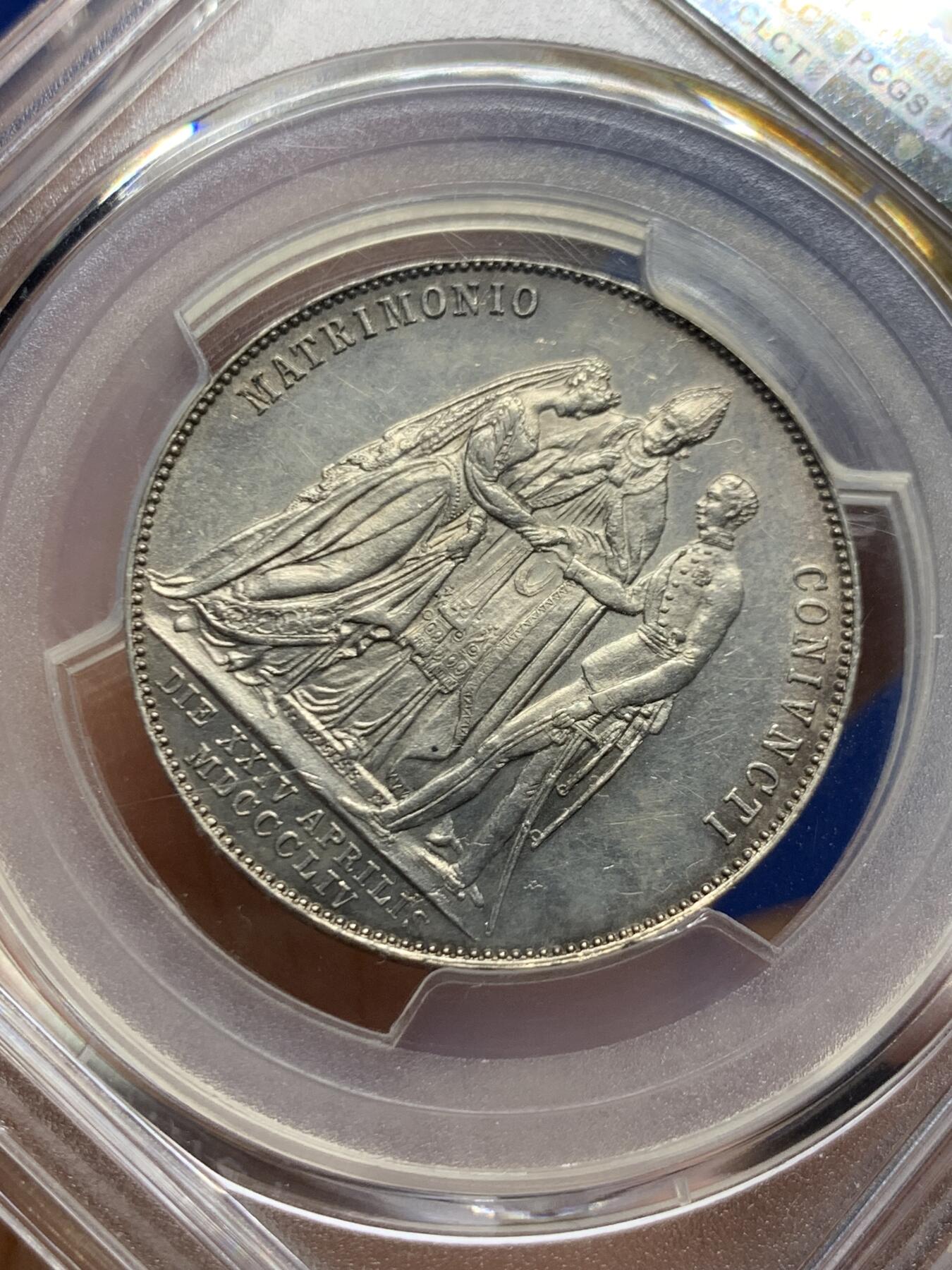《竞宝斋》第453场 周日，周一 2场连拍 （全场包邮，欢迎送拍） PCGS UNC 奥地利1854年茜茜公主结婚纪念1盾银币，原光，人像细致，少见品种