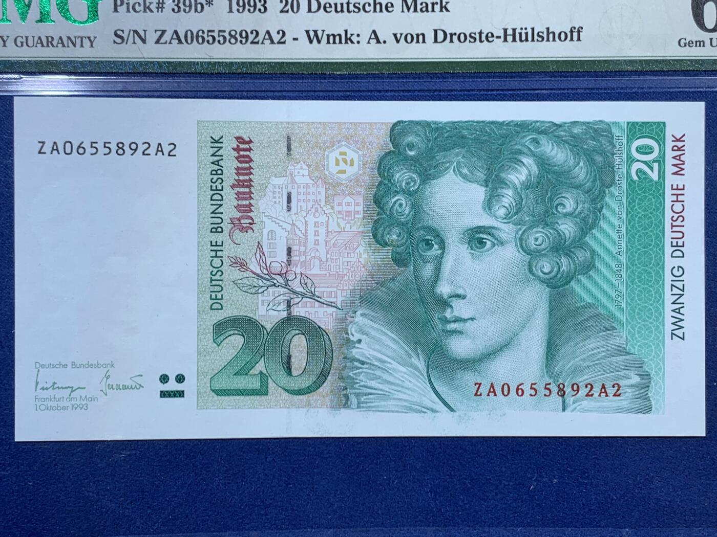 《竞宝斋》第453场 周日，周一 2场连拍 （全场包邮，欢迎送拍） PMG 66EPQ 德国 1993年20马克 补号