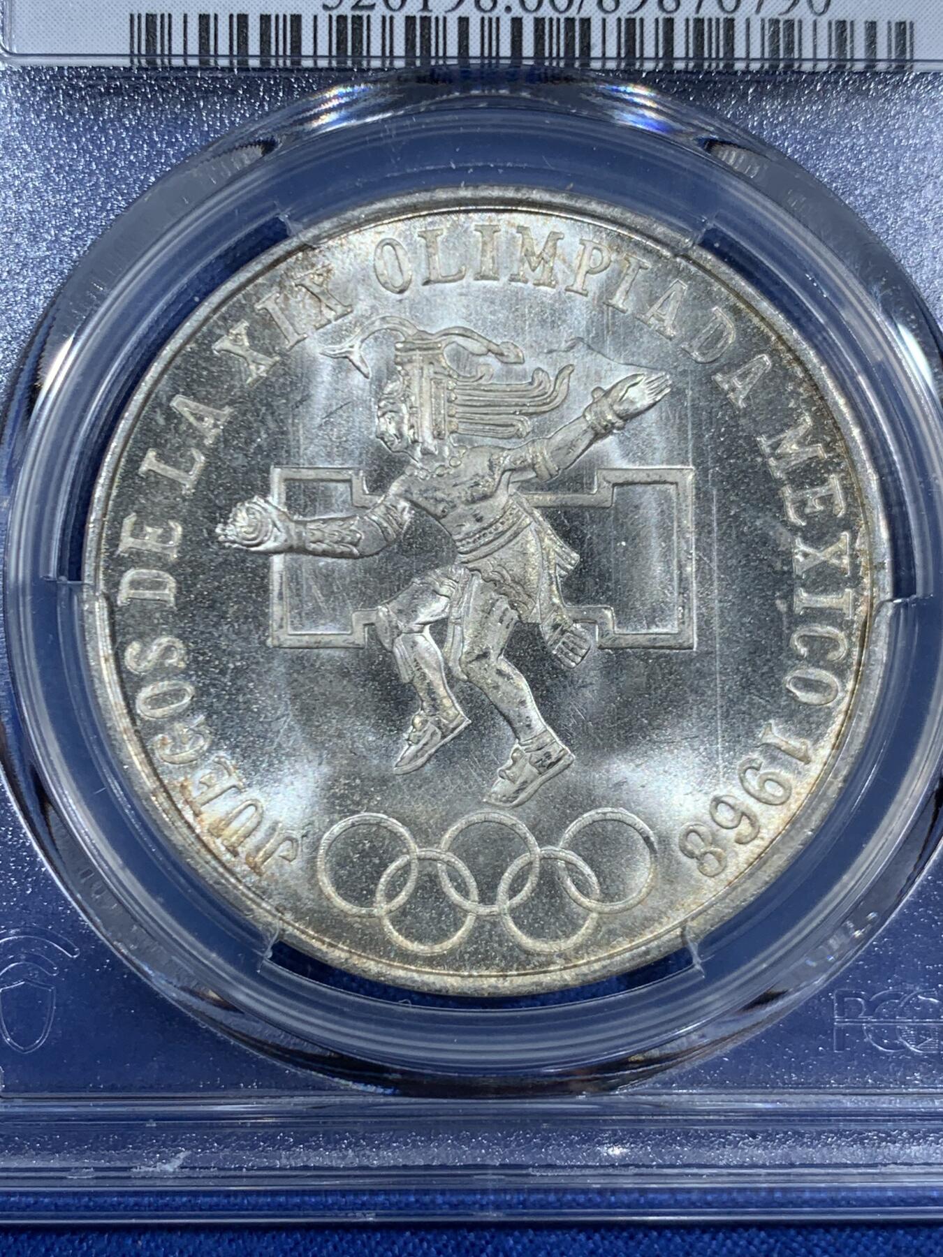 《竞宝斋》第453场 周日，周一 2场连拍 （全场包邮，欢迎送拍） PCGS MS66 墨西哥1968年25比索奥运纪念,经典品种,卷拆品高分，两面爆光，银光赏心悦目,适合收藏。