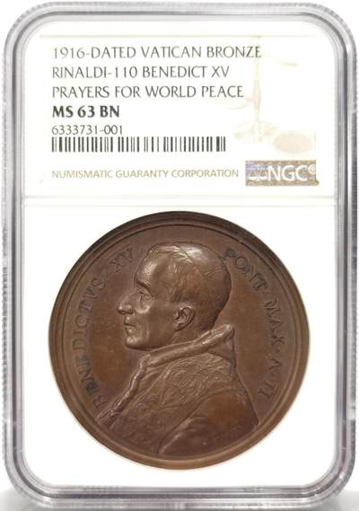博洋堂“岁启嘉年”2026新年精品大拍专场暨第155期（全场包邮） - NGC MS63BN 梵蒂冈1916年天主教教皇本笃十五世“为世界和平祈祷”铜章 背面：画面中最左侧他身穿长袍向圣女述说着，跪下的人像代表各大洲或国家向圣女（在云层上方手握象征和平的橄榄枝）祈祷。带原盒